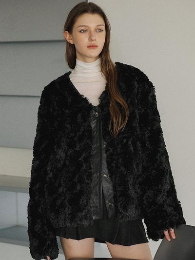 DEHEVE Soft Plush Polyester Fur Jacket [Black]