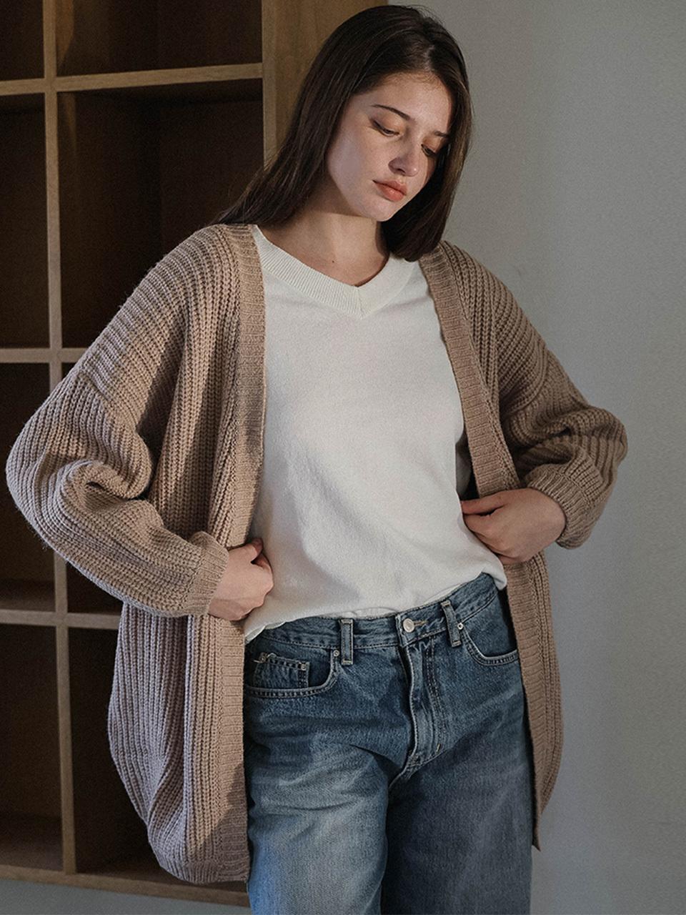 DEHEVE Wool Blend Balloon Sleeve Cardigan [beige]