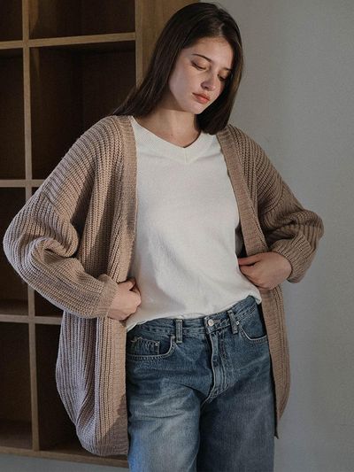 DEHEVE Wool Blend Balloon Sleeve Cardigan [beige]