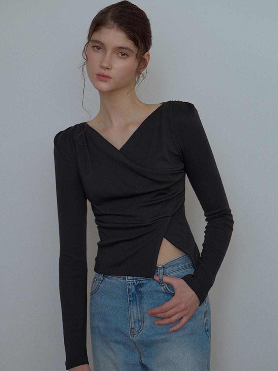 DEHEVE Wrap Shirring Long Sleeve Button-Tie Blouse [Black]