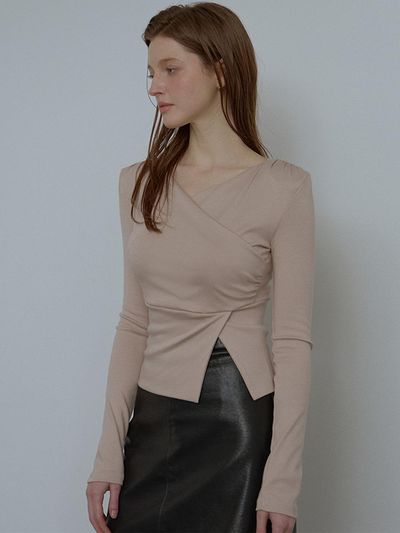 DEHEVE Wrap Shirring Long Sleeve Top [beige]
