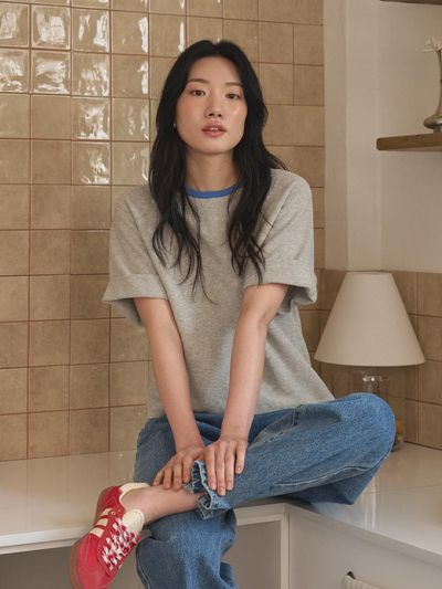 deiiiibydeiiii Color Block Half Sleeve Knit T-Shirt [Blue]