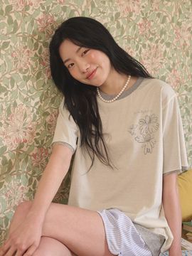 deiiiibydeiiii Layered Floral Half Sleeve T-shirt [Gray]