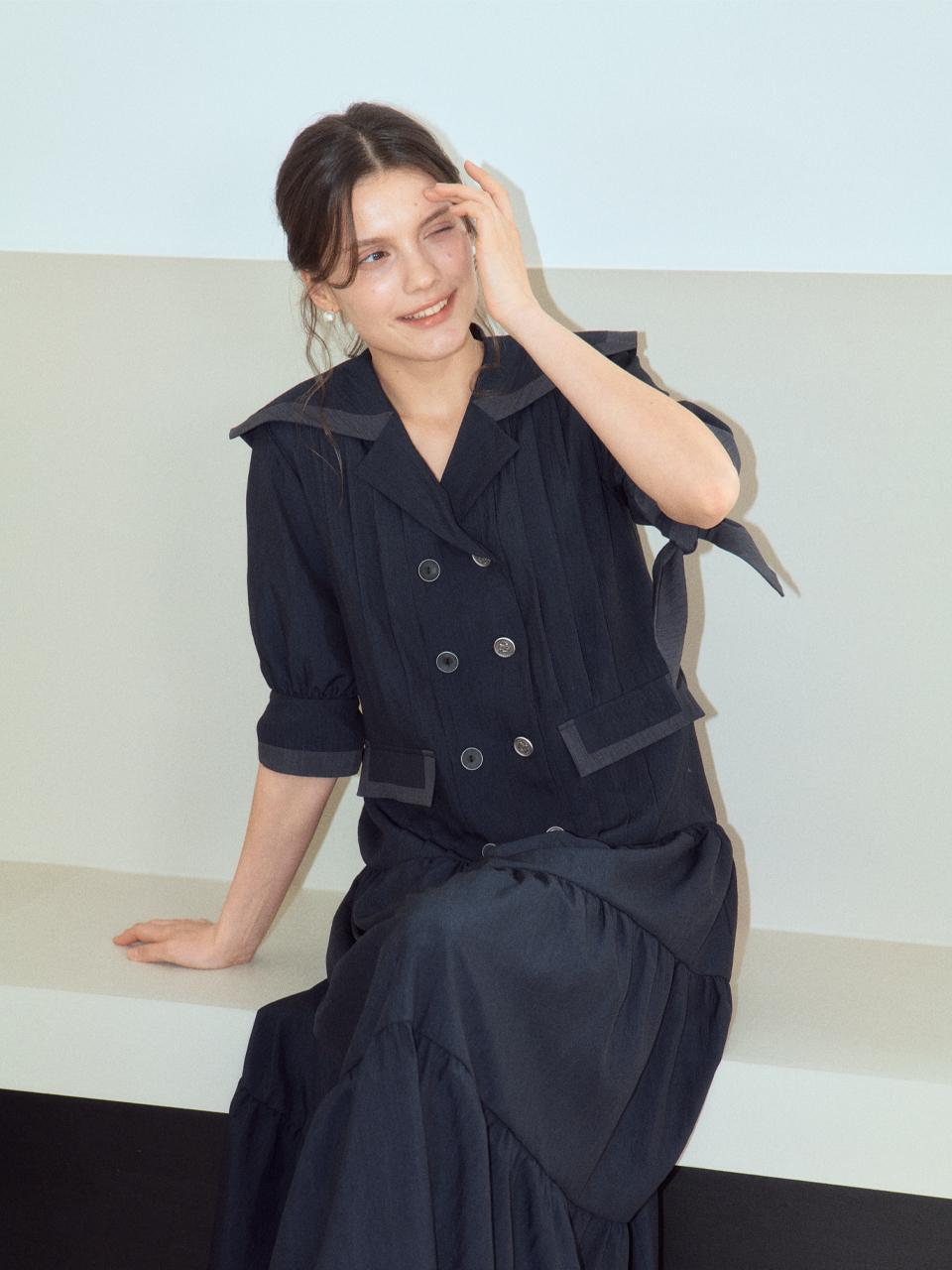 deiiiibydeiiii Sailor Collar Ribbon Dress [Navy]