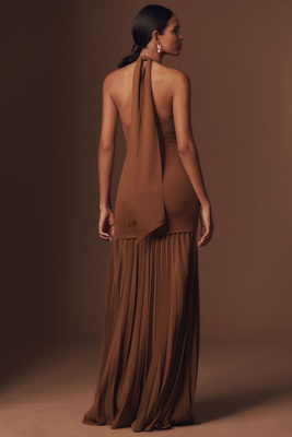 delfi brown dress Jasmine Halter Maxi Dress ~ Chocolate Luxe Satin – Show Me Your Mumu main image 1