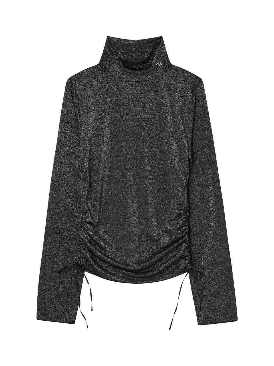 DELICCENT Glossy turtleneck shirring shirt [BLACK]