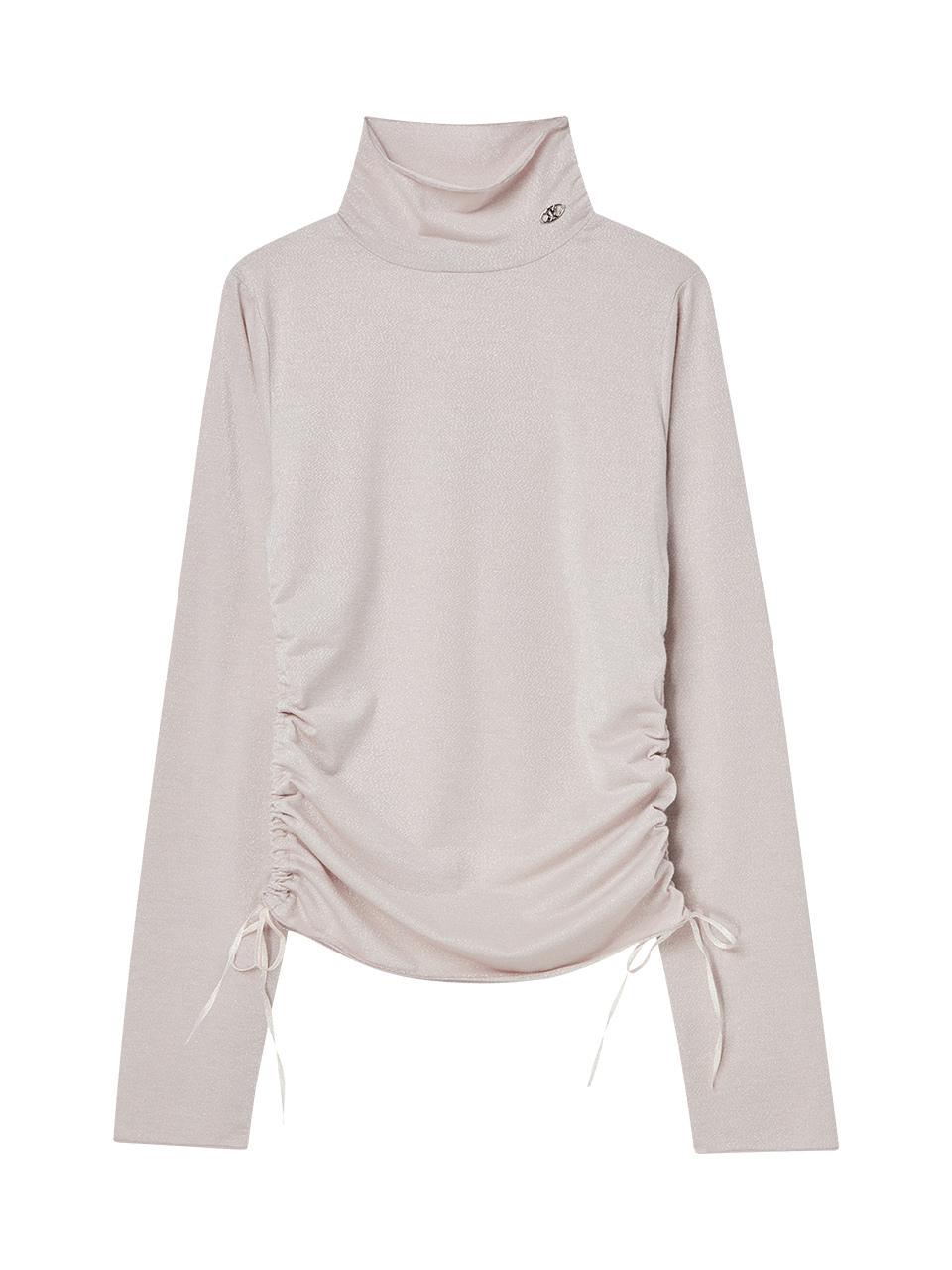 DELICCENT Glossy turtleneck shirring shirt [LIGHT PINK]
