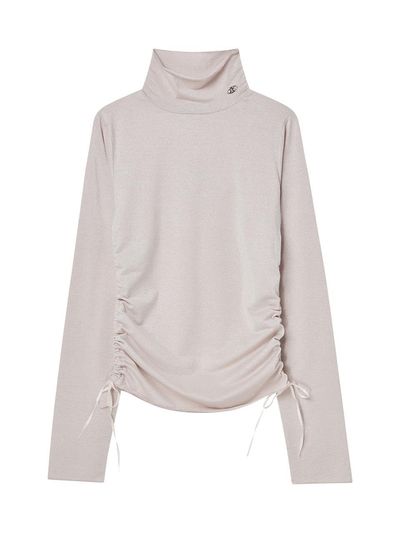 DELICCENT Glossy turtleneck shirring shirt [LIGHT PINK]
