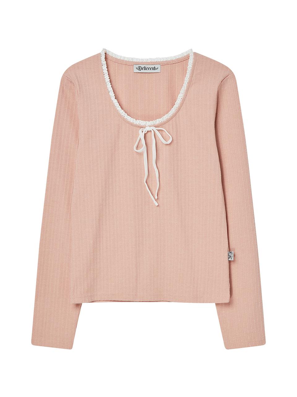 DELICCENT Rina Ribbon Slim T-shirt [CORAL]