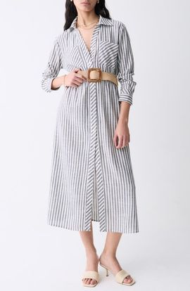 DELUC DELUC Marialva Stripe Long Sleeve Linen Blend Maxi Shirtdress
