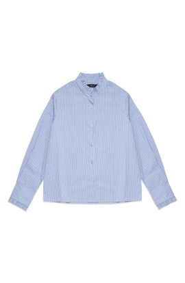 DELUC DELUC Oscar Ruffle Trim Stripe Cotton Blend Button-Up Shirt