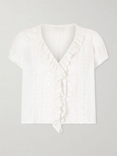 DÔEN Clairette cropped ruffled lace-trimmed organic cotton-voile top