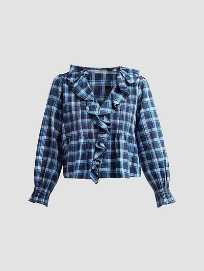DÔEN DÔEN Women's Hardy Ruffle-Trim Plaid Cotton Top