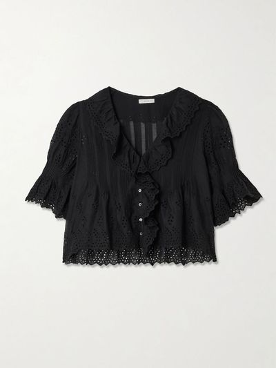DÔEN Henri cropped ruffled pintucked broderie anglaise cotton top