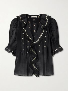 DÔEN Hettie lace-trimmed embroidered organic cotton-voile blouse