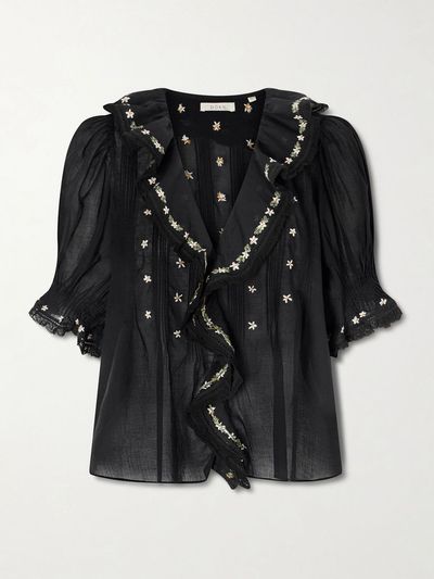 DÔEN Hettie lace-trimmed embroidered organic cotton-voile blouse