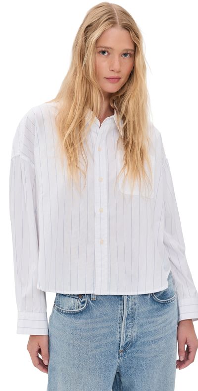 Denimist Denimist Bailey Cropped Button Down Shirt Light Blue Wide Pinstripe