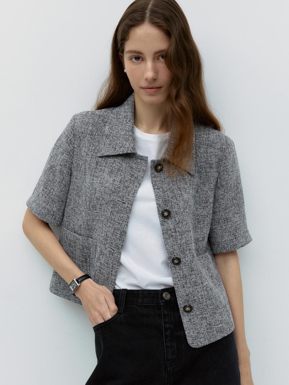 DEPOUND Collared Tweed Jacket - Gray Plaid