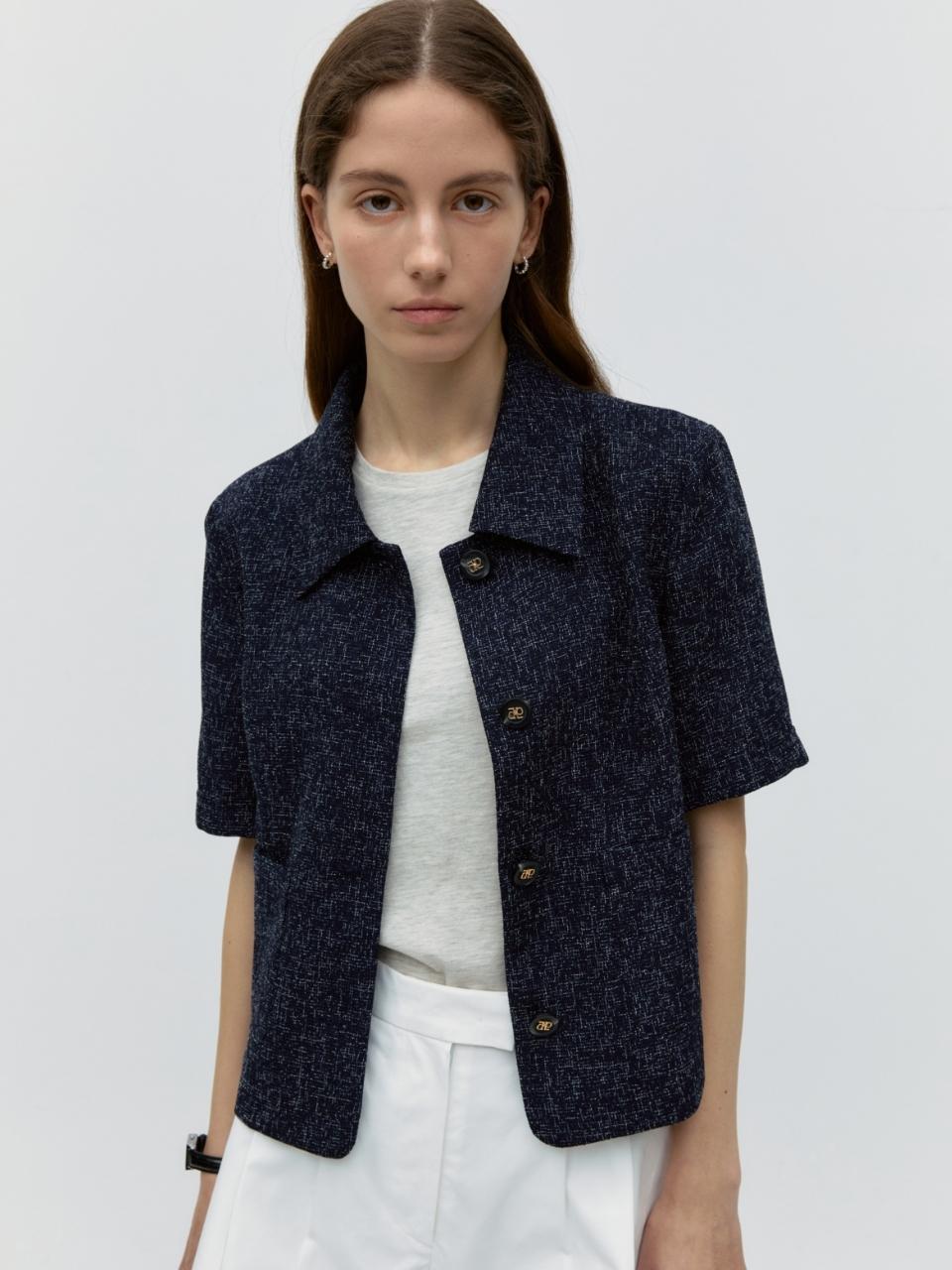 DEPOUND Collared Tweed Jacket - Navy Plaid