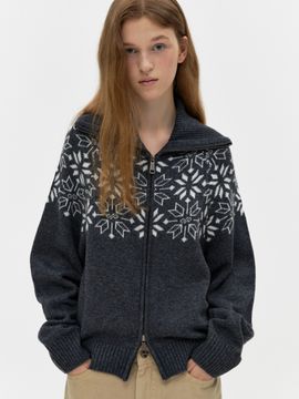 DEPOUND Jacquard Zip-up Knit Top - Charcoal
