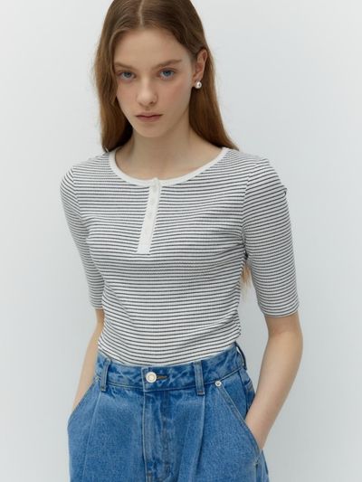 DEPOUND Stripe Henley Neck T-Shirt