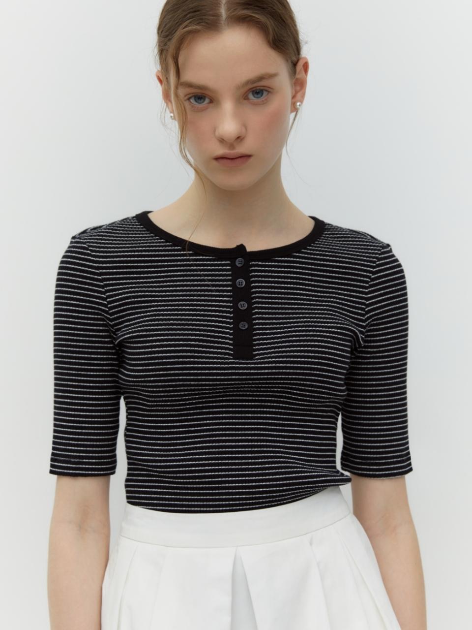 DEPOUND Stripe Henley Neck T-Shirt (Black Stripe)