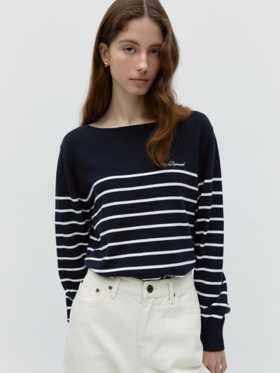 DEPOUND Striped Boatneck Sweater - Navy