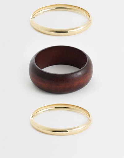 DesignB London DesignB London 3 pack of gold and wooden bangles