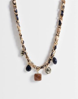 DesignB London DesignB London animal print fabric chain necklace with multi-charms in gold