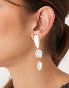 DesignB London DesignB London double faux pearl drop stud earrings in brushed gold tone