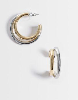 DesignB London DesignB London mixed metal double tube hoop earrings in silver and gold-Multi