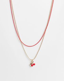 DesignB London DesignB London multirow cherry charm necklace in gold tone and red