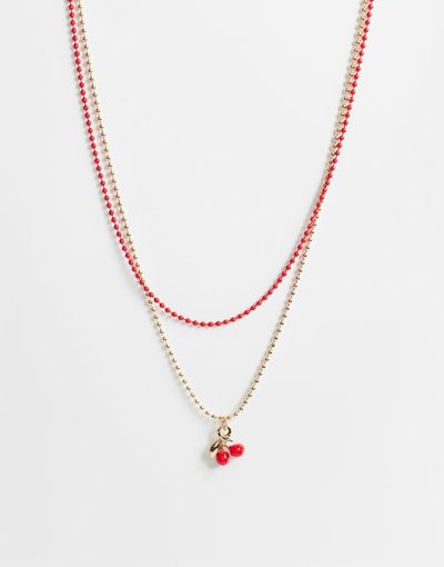 DesignB London DesignB London multirow cherry charm necklace in gold tone and red