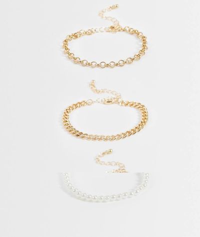 DesignB London DesignB London pack of 3 chain and pearl bracelets in gold