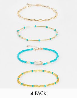 DesignB London DesignB London pack of 4 anklets in bead and shell designs in gold tone