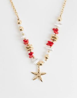 DesignB London DesignB London starfish pendant beaded necklace in coral red and gold