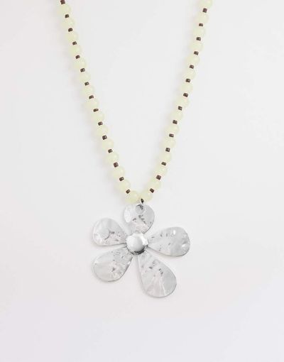 DesignB London DesignB London statement flower pendant beaded necklace in neutral and silver