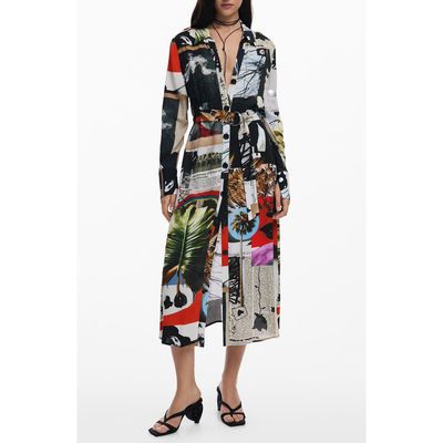 Desigual Desigual Belted Long Sleeve Crepe Maxi Shirtdress