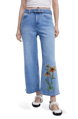 Desigual Desigual Floral Embroidered Belted Crop Wide Leg Jeans