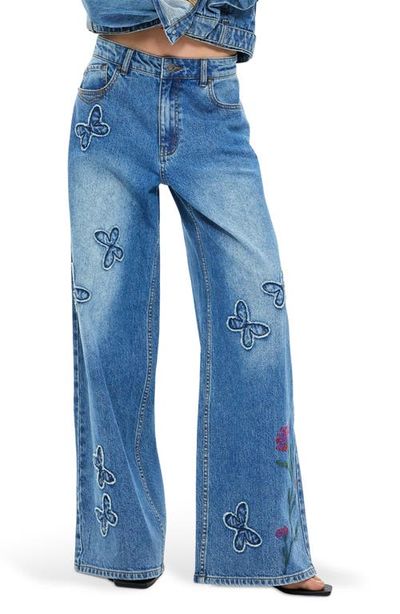 Desigual Desigual Floral Embroidered Butterfly Appliqué Wide Leg Jeans