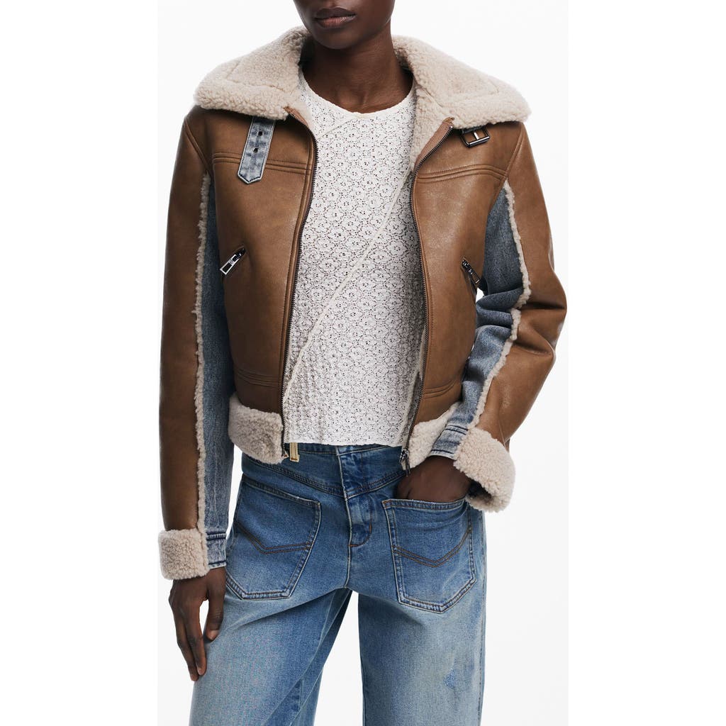 Desigual Desigual Mixed Media Faux Leather Jacket with Faux Shearling Trim