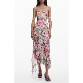 Desigual Desigual Ruched Ruffle Hem Asymmetric Maxi Dress