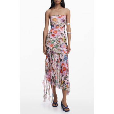 Desigual Desigual Ruched Ruffle Hem Asymmetric Maxi Dress