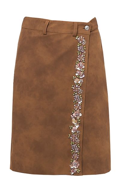 DES_PHEMMES DES_PHEMMES Embroidered Faux Suede Wrap Skirt Tan IT 40
