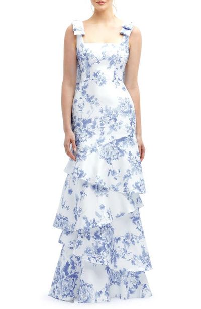 Dessy Collection Dessy Collection Floral Print Ruffle Tie Strap Gown