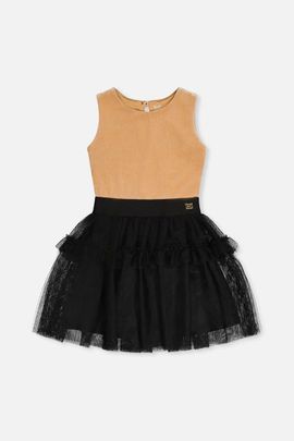 Deux par Deux Deux par Deux Bi-Material Sleeveless Tiered Mesh Ruffle Dress