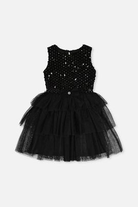 Deux par Deux Deux par Deux Bi-Material Sparkle Velour Tiered Mesh Sleeveless Dress