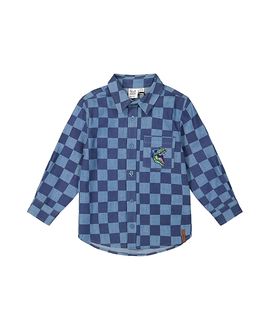 Deux Par Deux Deux par Deux Boys' Checkered Dino Embroidered Chest Pocket Chambray Shirt