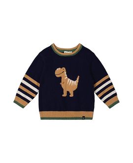 Deux Par Deux Deux par Deux Boys' Dino Intarsia Striped Ribbed Cuffs Knit Sweater