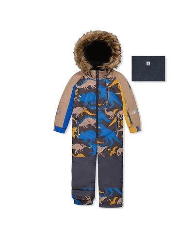 Deux Par Deux Deux par Deux Boys' Play Dinosaur Faux Fur Hood Fleece Neckwarmer One Piece Snowsuit